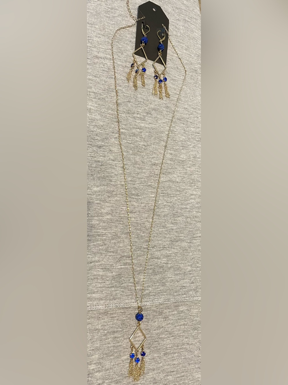Gold-Tone Long Necklace with Royal Blue Bead & Geometric Fringe Pendant
